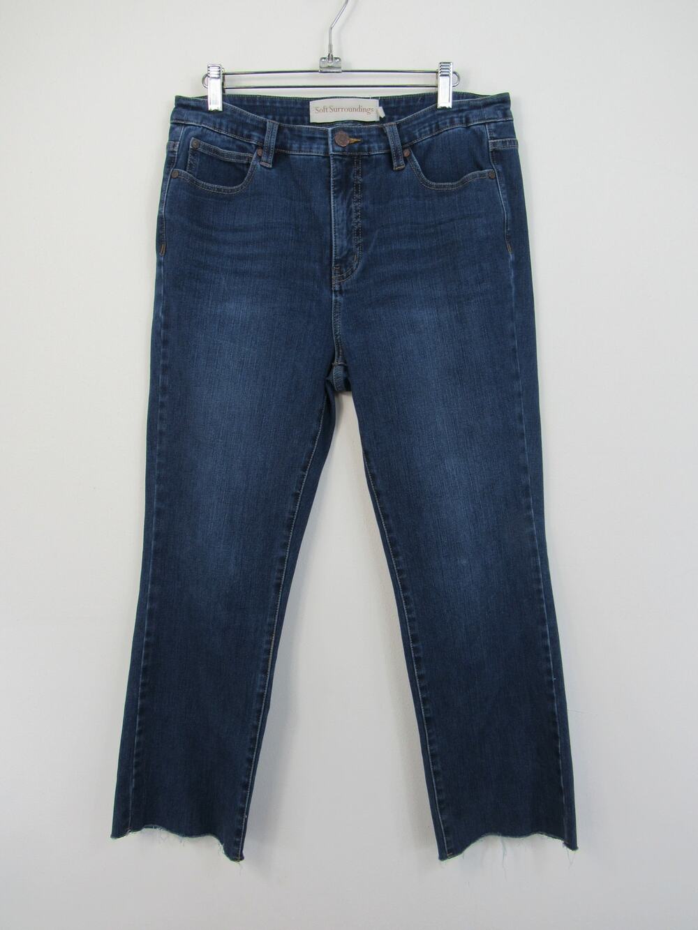 Soft Surroundings Size 10 Dark Wash Straight Leg Denim Jeans High Rise Raw Hems